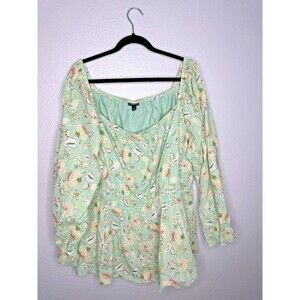 Torrid Blouse Womens 4 US 4X Green Floral Long Sleeve Peplum Smocked Waist Boho